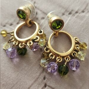 Swarovski Gold Earrings with Green and Purple Crystals